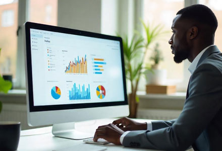 male viewing graphs on desktop monitor