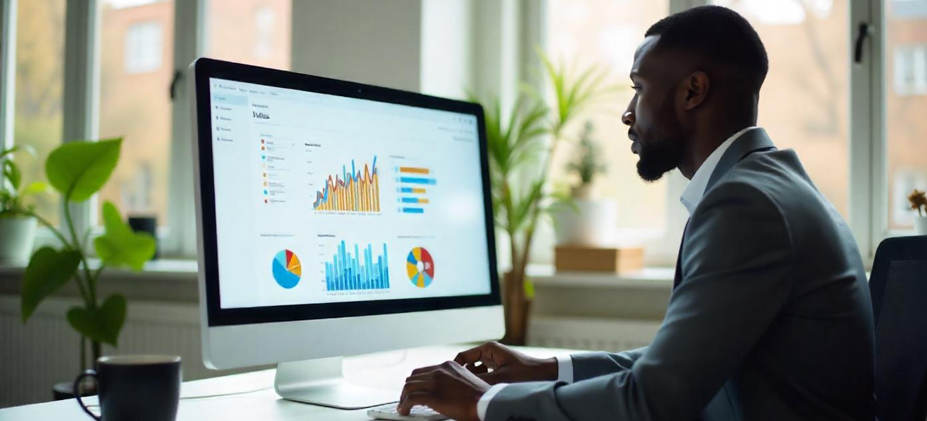 male viewing graphs on desktop monitor