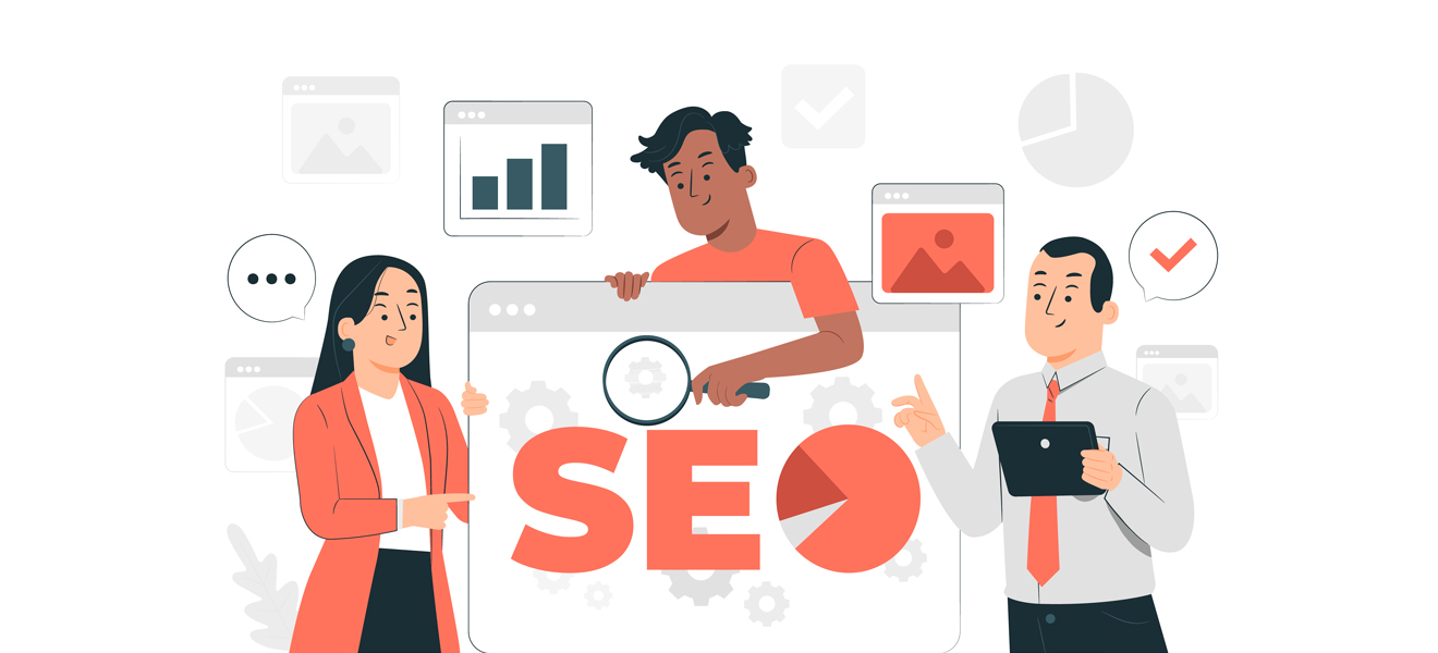 illustrative graphic showing a group looking at SEO