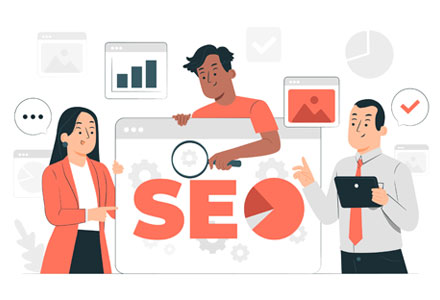 illustrative graphic showing a group looking at SEO