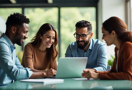 happy team looking at a laptop