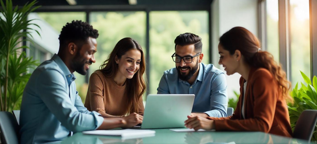 happy team looking at a laptop