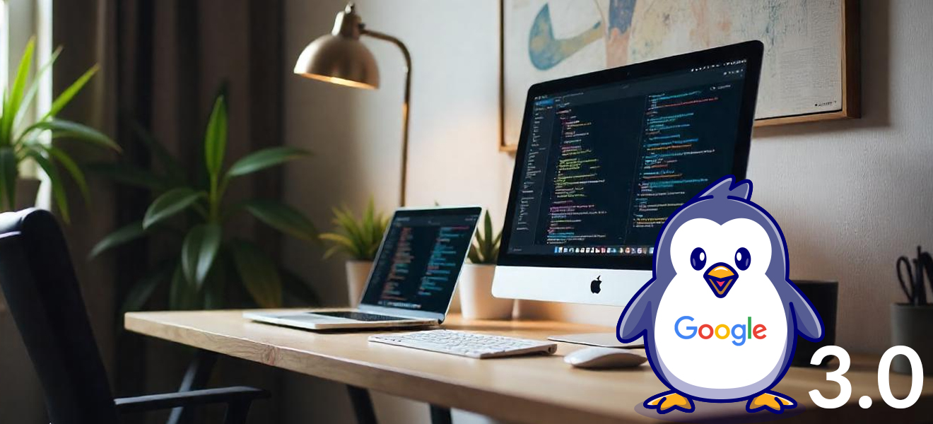 image of desktop computer and laptop with penguin character overlaid