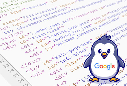 web code with a penguin character overlaid