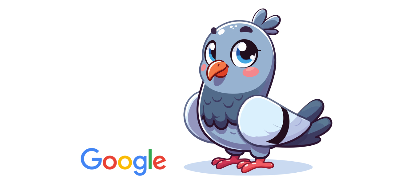 illustrative graphic of pigeon stood next to Google logo