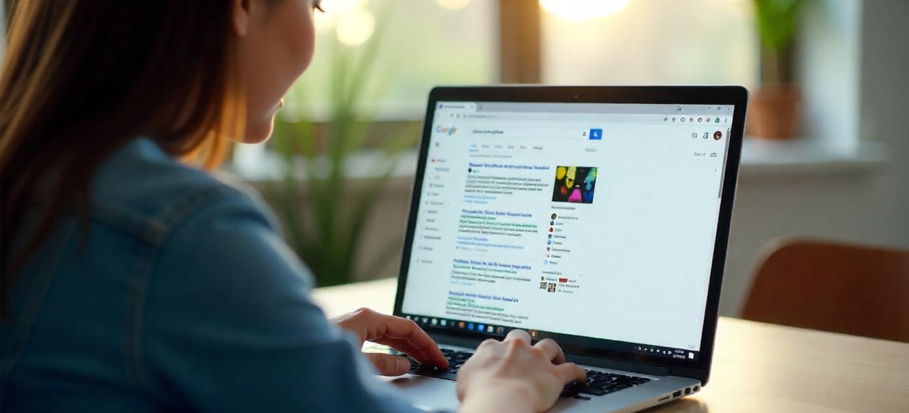 female looking at search results on laptop