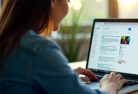 female looking at search results on laptop