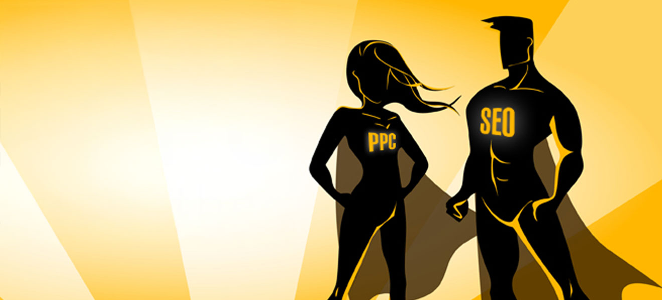 Two superhero silhouettes with PPC and SEO written on their chests.