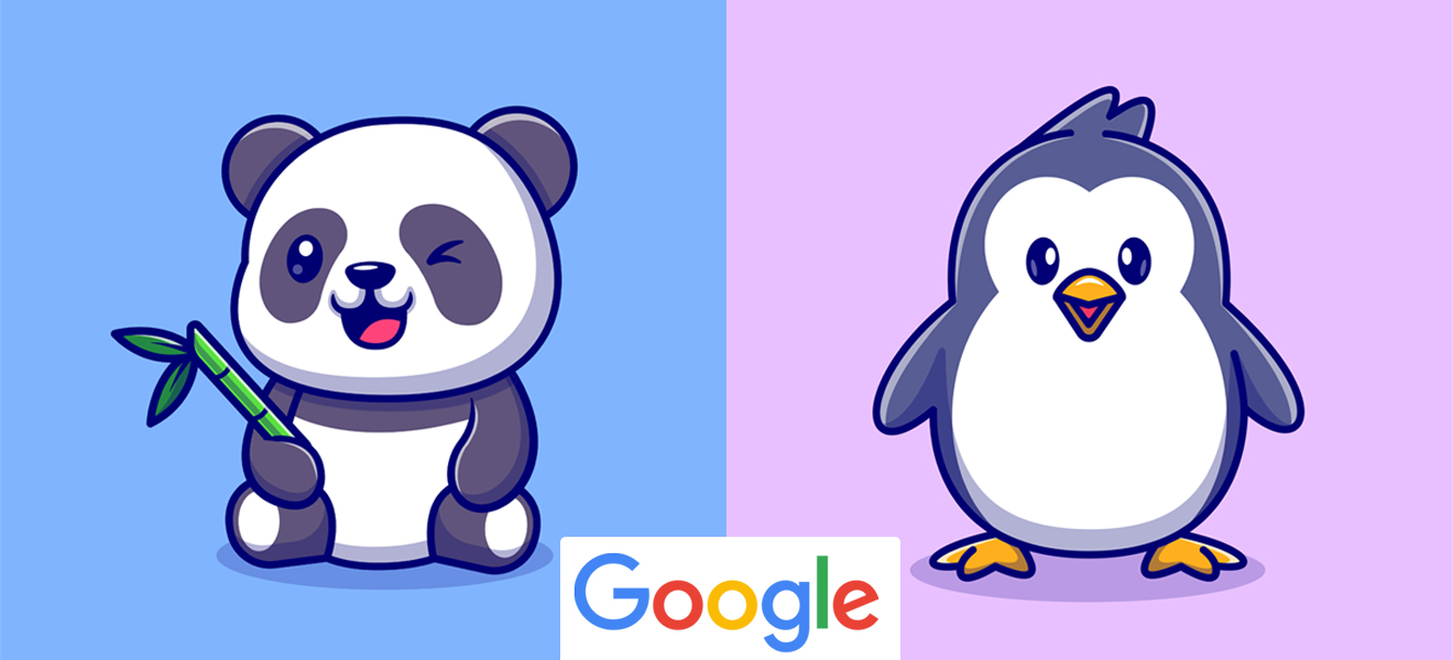 illustrative graphic of panda and penguin characters