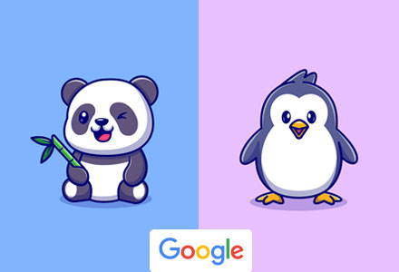 illustrative graphic of panda and penguin characters