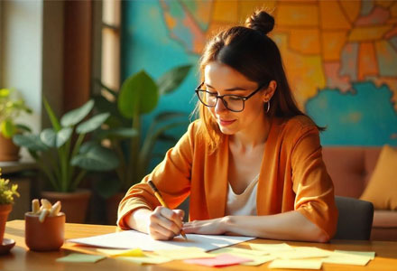 female wearing glasses writing on a notepad