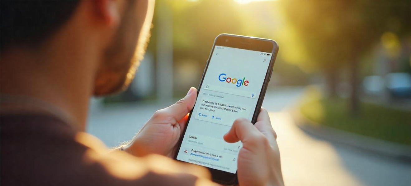 male looking at mobile device displaying a google text ad