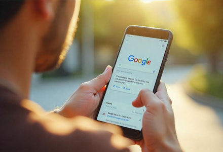 male looking at mobile device displaying a google text ad