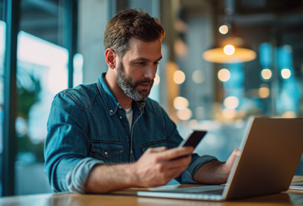 man sat at laptop with mobile device in hand