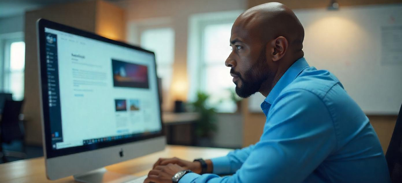 male browsing a website on a desktop computer