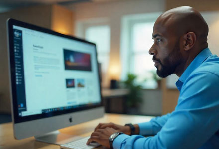 male browsing a website on a desktop computer