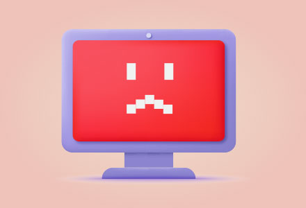 A cartoon computer with a sad pixel face.