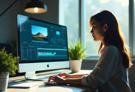 female creating a video on desktop computer