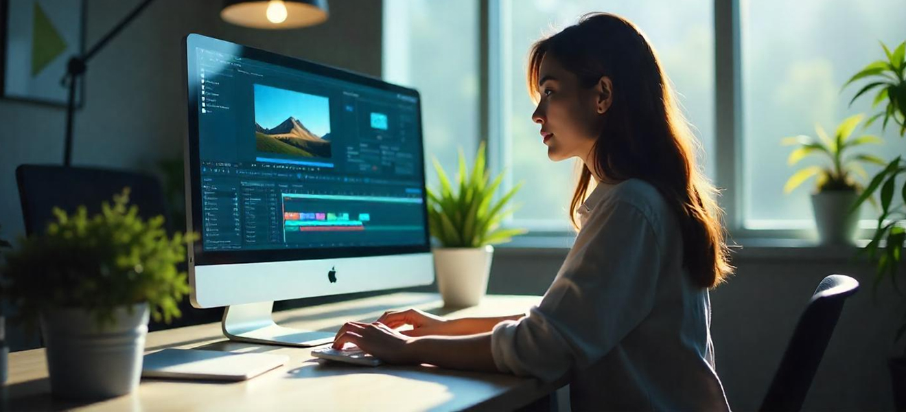 female creating a video on desktop computer