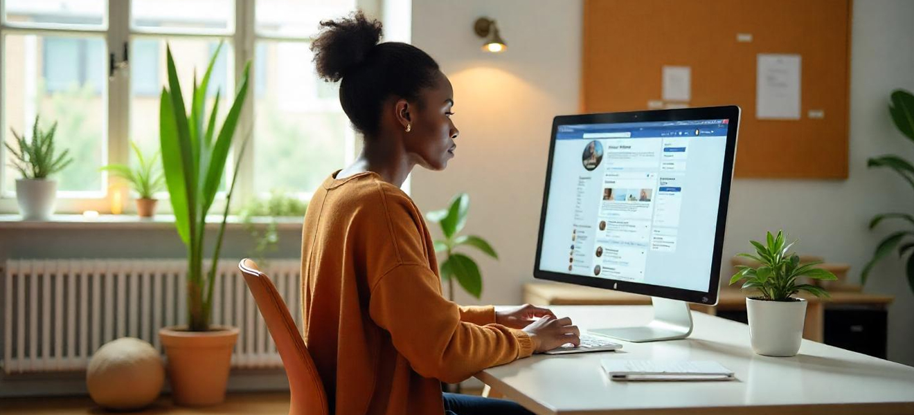 female browsing facebook on desktop computer