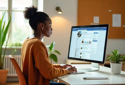 female browsing facebook on desktop computer