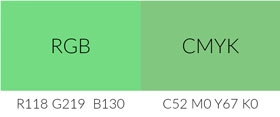 Comparison of a shade of green in RGB and CMYK.