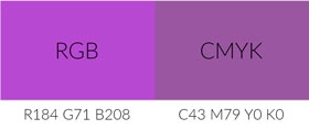 Comparison of a shade of purple in RGB and CMYK.