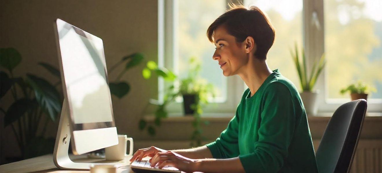 happy female working on computer