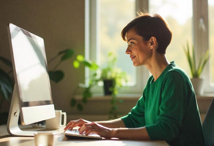 happy female working on computer