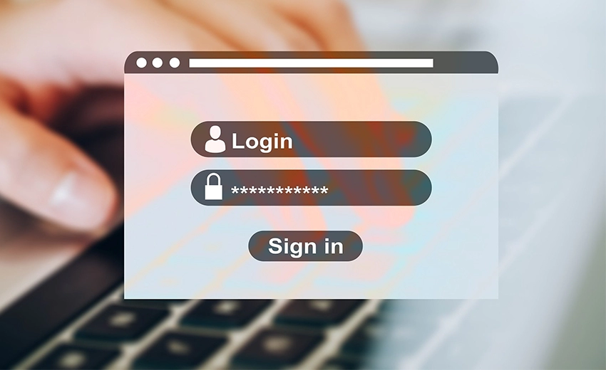 A login popup screen with a hidden password is displayed overlaying a background image of a person typing on a laptop.