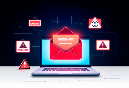 digital image of laptop screen with glowing mail envelope and warning signs