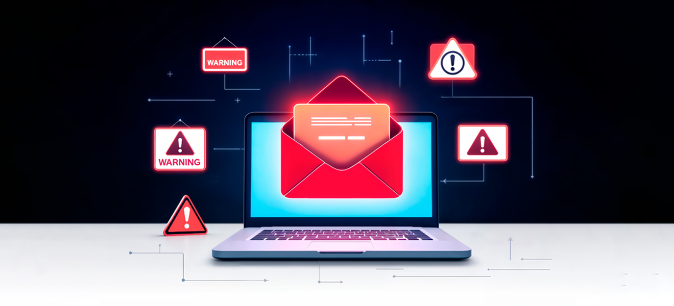 digital image of laptop screen with glowing mail envelope and warning signs