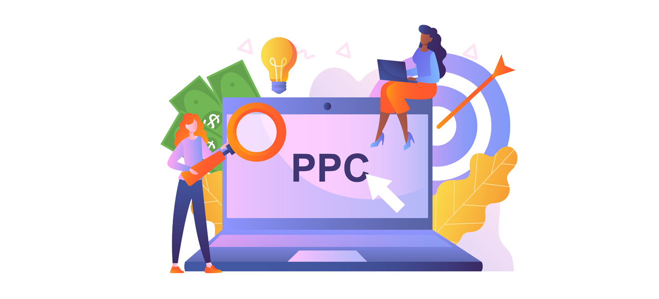 illustrative graphic of people next to a laptop displaying PPC