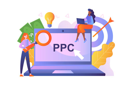 illustrative graphic of people next to a laptop displaying PPC