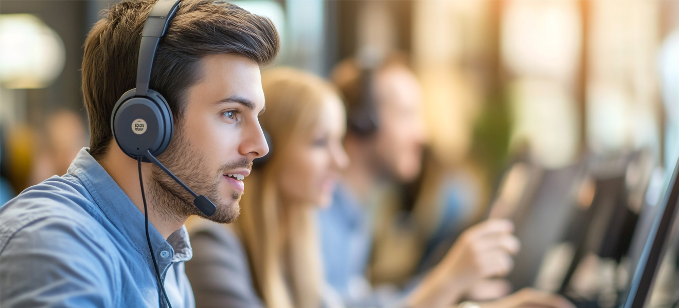 male wearing headset during a call