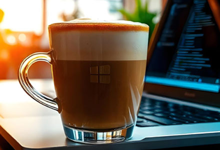 laptop with a glass of latte in the forefront