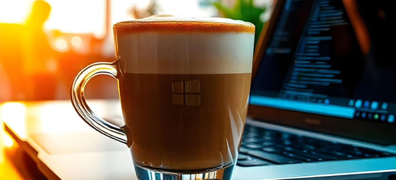 laptop with a glass of latte in the forefront