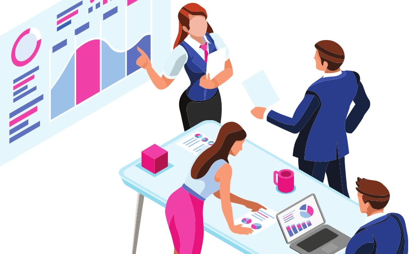 A minimalist cartoon graphic of men and women around a table discussing charts and documents. Strong pinks and blues highlight the information.