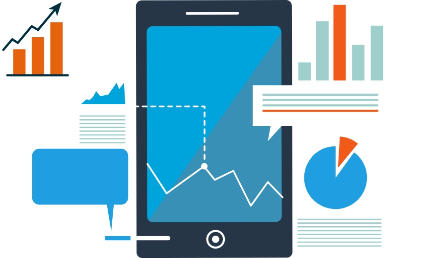 A blue and orange cartoon graphic of a tech device, with charts and information coming out of and displayed around the screen.