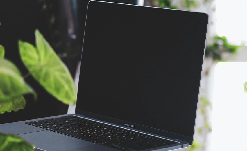 A MacBook Pro laptop displayed near some plants.