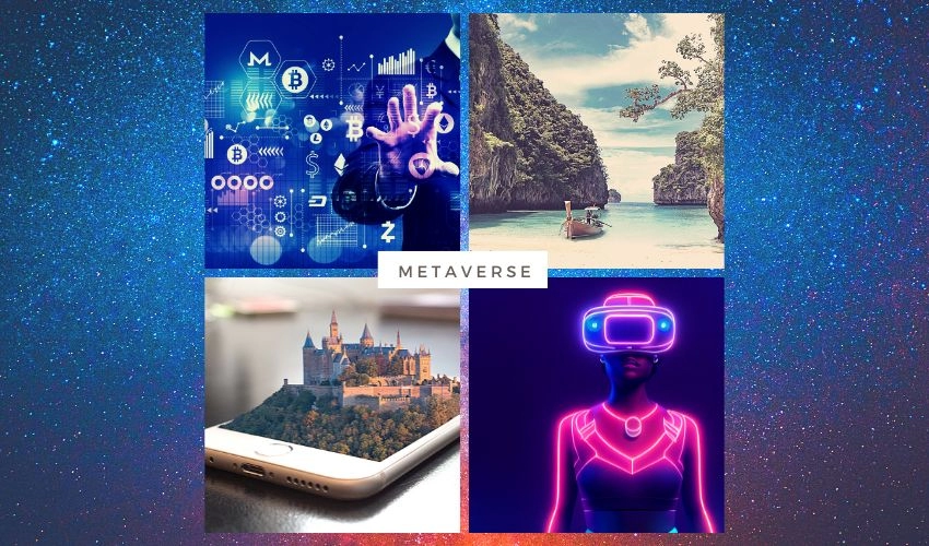 A collage of images showing the metaverse, containing cryptocurrency and virtual reality landscapes.