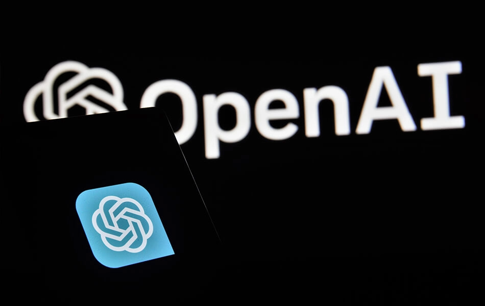 A neon OpenAI sign shines brightly in a dark room.