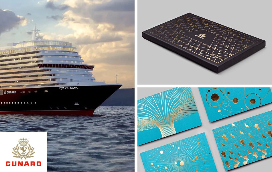 A compilation of photos of Cunard's new ship; Queen Anne, and the marketing materials produced by Armadillo CRM specialists.