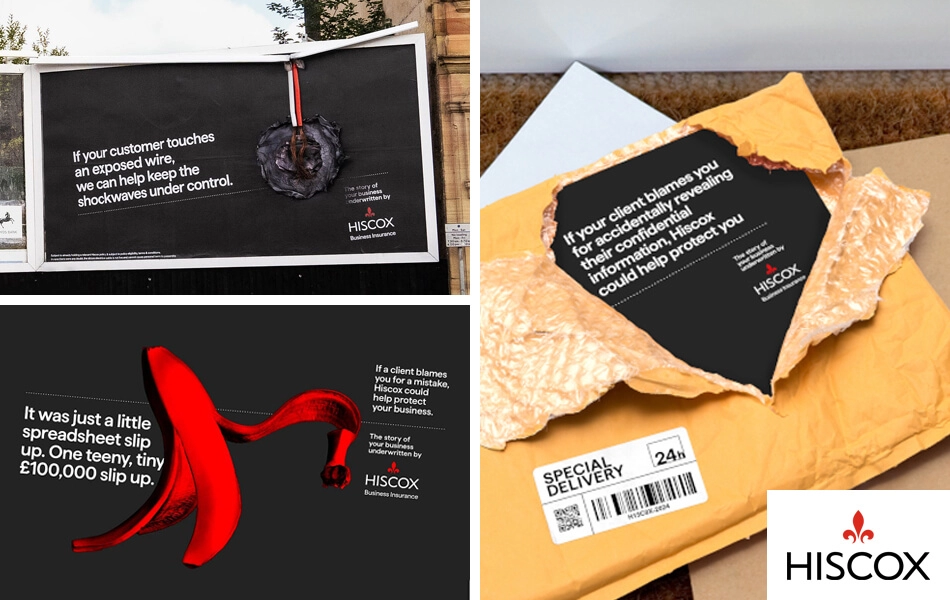 A compilation of photos of Hiscox Insurance's print campaign, produced by Uncommon Creative Studio.