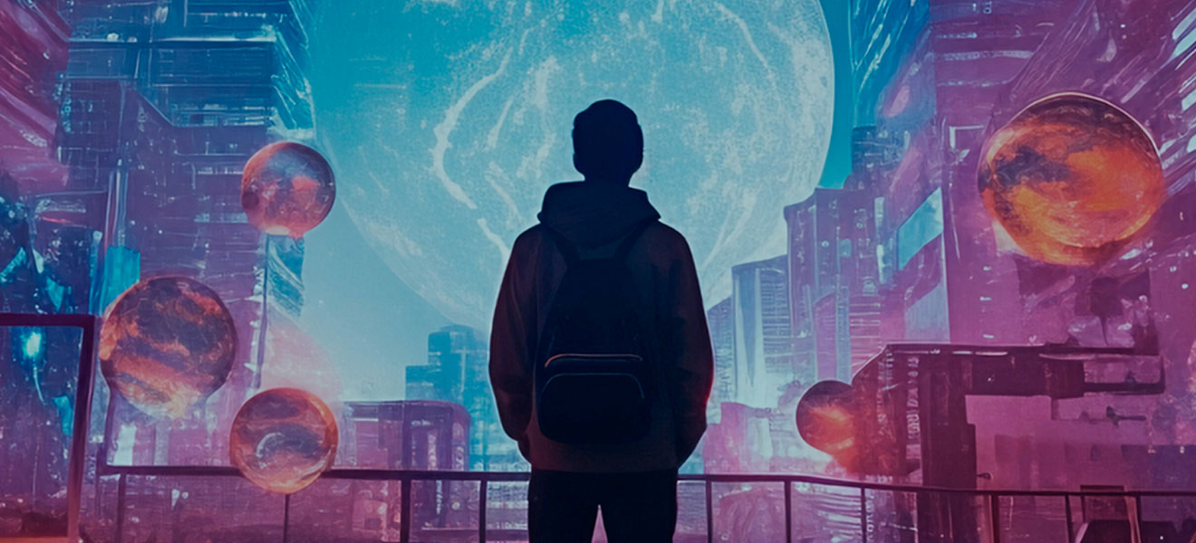 Silhouette of a man in a futuristic city looking at a giant planet.