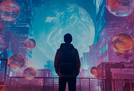 Silhouette of a man in a futuristic city looking at a giant planet.