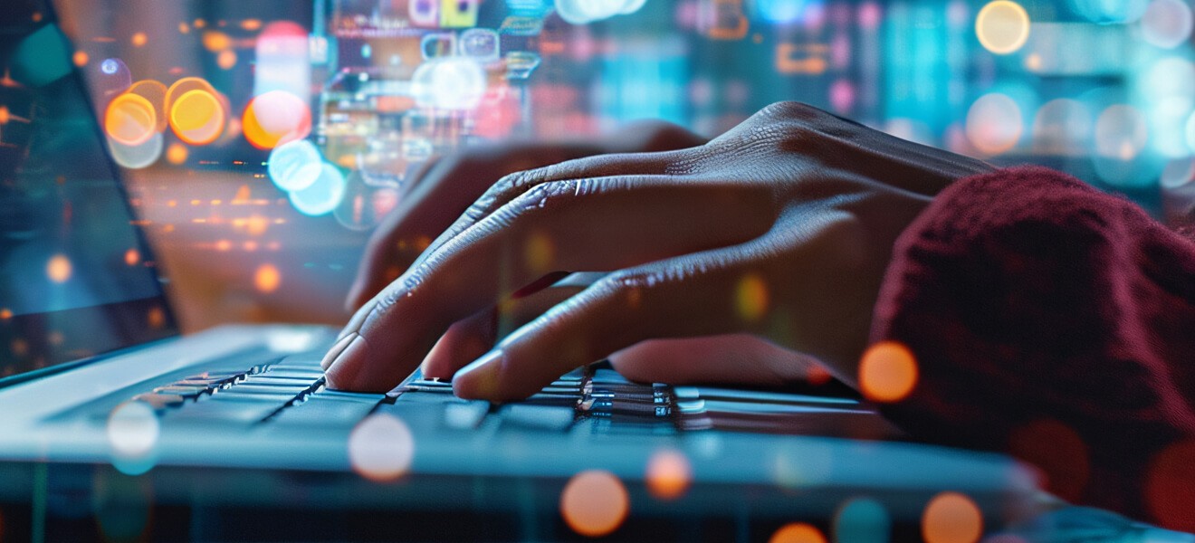 a pair of women's hands typing on a laptop keyboard with an abstract bokeh-effect background