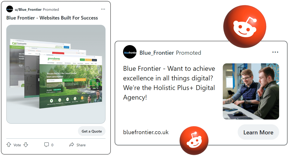 two different styles of Reddit advertisement types complete with a title, image and call-to-action button for each