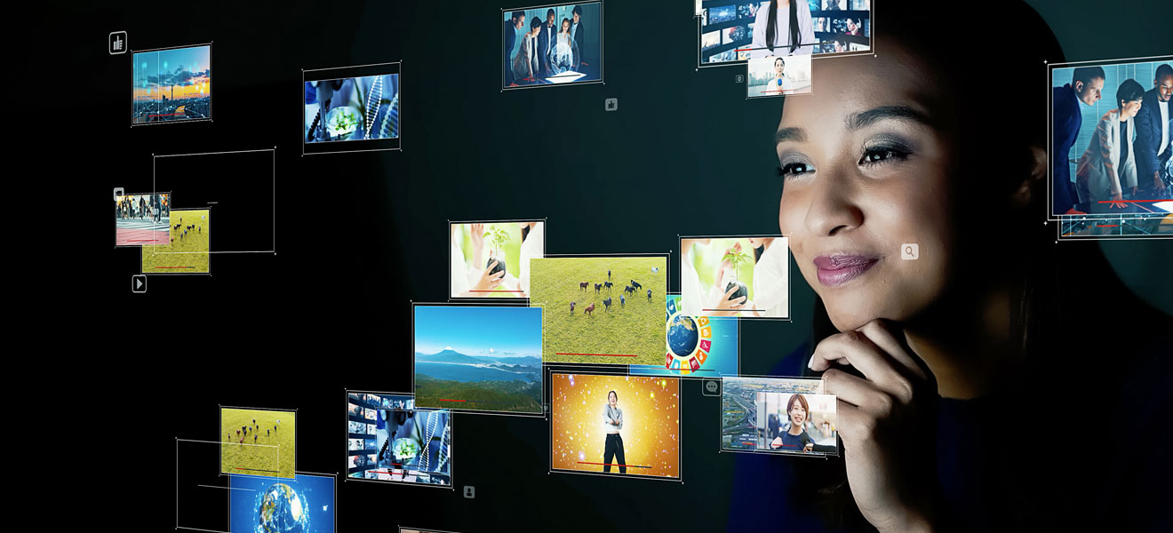 a glamorous woman watching multiple videos at once on a futuristic screen