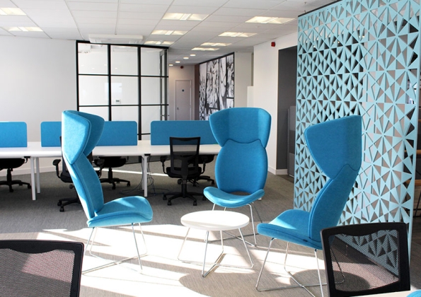 Chairs, office desks and modern room dividers.